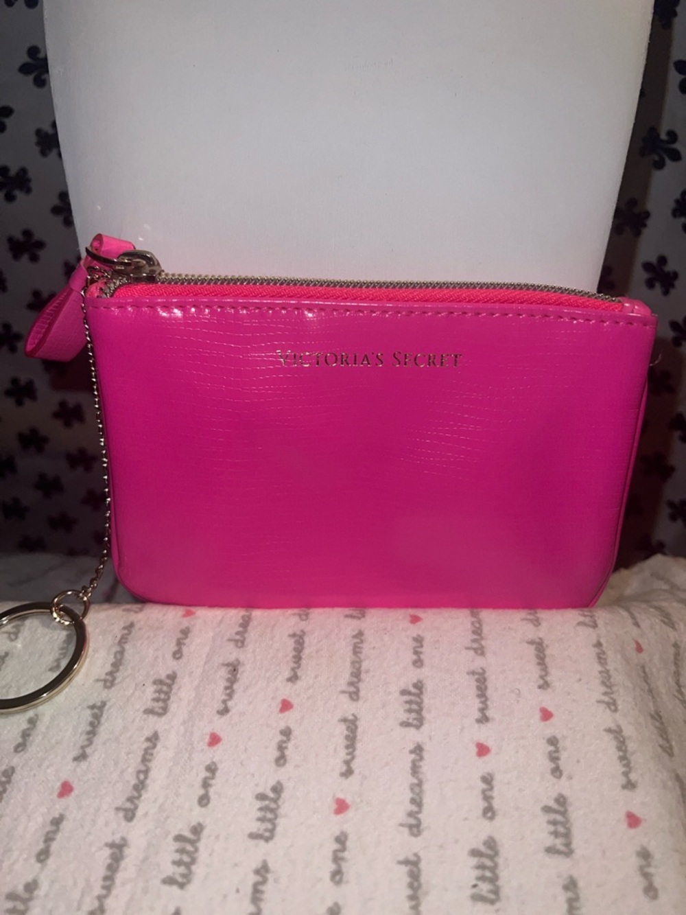 Victoria's Secret Bright Pink Cosmetic Zip Pouch with Key Ring